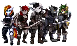 Size: 3924x2339 | Tagged: safe, artist:pridark, derpibooru import, oc, oc:alter ego, oc:commissar junior, anthro, bat pony, wolf, altenior, arrow, axe, bat pony oc, bat wings, bipedal, bow and arrow, bow (weapon), clothes, commission, electricity, furry, group, looking at you, non-pony oc, one eye closed, sword, weapon, wings, wink