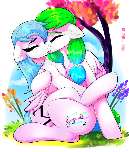 Size: 2717x3200 | Tagged: safe, artist:alna fratcher, derpibooru import, oc, oc:aurora wing, oc:snow wing, unofficial characters only, pegasus, pony, commission, eyes closed, female, hug, kiss on the cheek, kissing, mare, siblings, sisters, sitting on lap, ych result