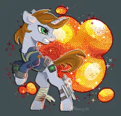 Size: 1435x1376 | Tagged: safe, artist:nancy-05, derpibooru import, oc, oc:littlepip, unofficial characters only, pony, unicorn, fallout equestria, fanfic, bandage, blood, clothes, explosion, fanfic art, female, gritted teeth, gun, handgun, hooves, horn, injured, little macintosh, mare, optical sight, pipbuck, pixel art, rearing, revolver, scope, solo, vault suit, weapon