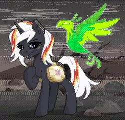 Size: 1435x1380 | Tagged: safe, artist:nancy-05, derpibooru import, oc, oc:pyrelight, oc:velvet remedy, unofficial characters only, balefire phoenix, bird, phoenix, pony, unicorn, fallout equestria, fanfic, bag, boulder, fanfic art, female, fluttershy medical saddlebag, grin, hooves, horn, looking at you, mare, medical saddlebag, pixel art, raised hoof, saddle bag, smiling, wasteland