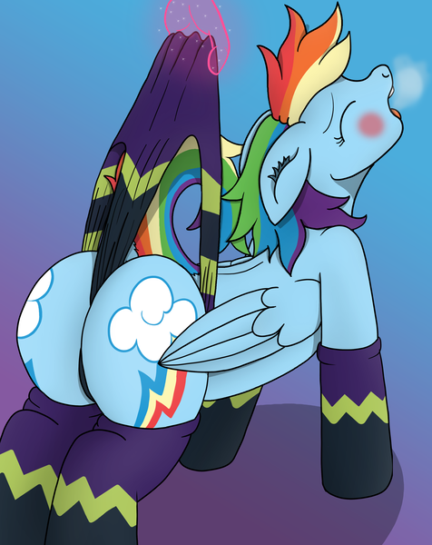 Size: 3200x4032 | Tagged: suggestive, artist:tacomytaco, derpibooru import, rainbow dash, pegasus, pony, blushing, both cutie marks, butt, clothes, eyes closed, female, gradient background, magic, magic wedgie, moaning, offscreen character, panties, plot, rainbutt dash, sexy, socks, solo, solo female, stupid sexy rainbow dash, telekinetic wedgie, underwear, wedgie, wedgie fetish