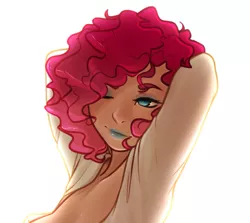 Size: 1411x1256 | Tagged: arm behind head, armpits, artist:captainpudgemuffin, beautiful, breasts, busty pinkie pie, clothes, cropped, derpibooru import, erect nipples, eyeshadow, female, human, humanized, lipstick, makeup, one eye closed, pinkie pie, solo, solo female, suggestive