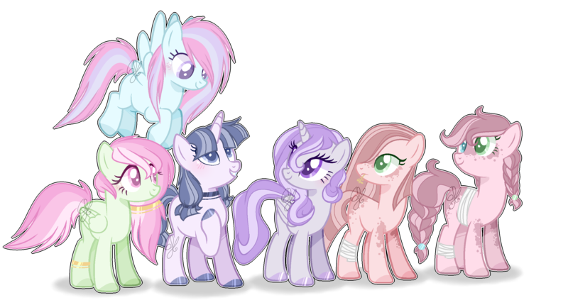 Size: 2704x1452 | Tagged: safe, artist:6-fingers-lover, derpibooru import, oc, unofficial characters only, earth pony, pegasus, pony, unicorn, base used, female, magical lesbian spawn, mare, offspring, parent:applejack, parent:fluttershy, parent:pinkie pie, parent:rainbow dash, parent:rarity, parent:twilight sparkle, parents:applepie, parents:flutterdash, parents:rarilight, simple background, transparent background