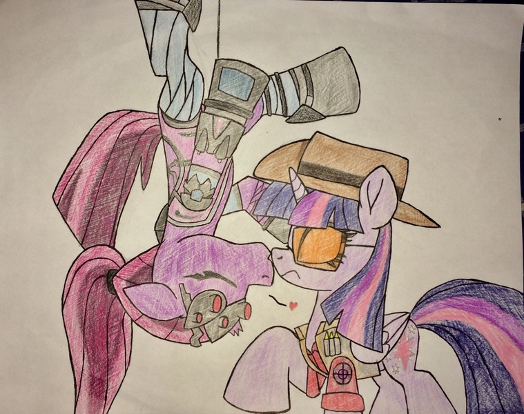 Size: 2048x1618 | Tagged: safe, artist:ejlightning007arts, derpibooru import, tempest shadow, twilight sparkle, twilight sparkle (alicorn), alicorn, pony, unicorn, crossover, female, hand drawing, hat, kissing, lesbian, overwatch, ponytail, rope, shipping, sniper, sunglasses, suprised look, team fortress 2, tempestlight, traditional art, twilight sniper, upside down, upside down kiss, widowmaker, widowtempest