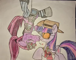 Size: 2048x1618 | Tagged: safe, artist:ejlightning007arts, derpibooru import, tempest shadow, twilight sparkle, twilight sparkle (alicorn), alicorn, pony, unicorn, crossover, female, hand drawing, hat, kissing, lesbian, overwatch, ponytail, rope, shipping, sniper, sunglasses, suprised look, team fortress 2, tempestlight, traditional art, twilight sniper, upside down, upside down kiss, widowmaker, widowtempest