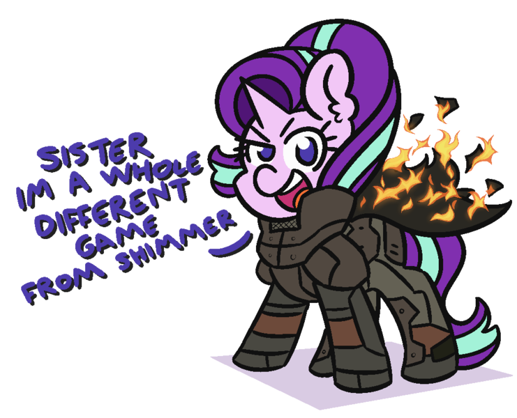 Size: 1050x850 | Tagged: safe, artist:threetwotwo32232, derpibooru import, starlight glimmer, pony, unicorn, dialogue, female, fire, looking at you, mare, metal gear, metal gear solid 2, newbie artist training grounds, parody, simple background, solidus snake, solo, transparent background