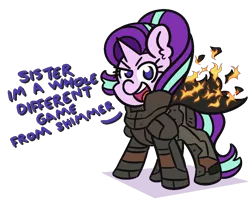 Size: 1050x850 | Tagged: safe, artist:threetwotwo32232, derpibooru import, starlight glimmer, pony, unicorn, dialogue, female, fire, looking at you, mare, metal gear, metal gear solid 2, newbie artist training grounds, parody, simple background, solidus snake, solo, transparent background