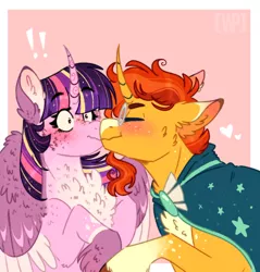 Size: 768x803 | Tagged: safe, artist:wanderingpegasus, derpibooru import, sunburst, twilight sparkle, twilight sparkle (alicorn), alicorn, pony, blushing, curved horn, dawwww, eyes closed, female, fluffy, glasses, horn, kissing, male, mare, ruffled feathers, shipping, stallion, straight, twiburst, unshorn fetlocks