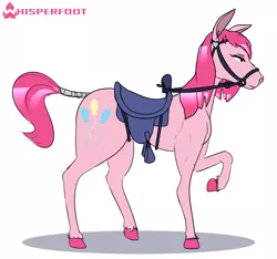 Size: 1880x1761 | Tagged: safe, artist:whisperfoot, derpibooru import, pinkie pie, horse, pony, bit, bridle, colored hooves, female, flat mane, hoers, hooves, mare, pink hair, pinkamena diane pie, raised hoof, reins, saddle, sketch, solo, stirrups, tack, tail wrap