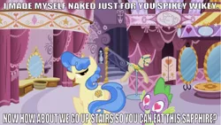 Size: 642x363 | Tagged: suggestive, derpibooru import, edit, edited edit, edited screencap, editor:undeadponysoldier, screencap, sapphire shores, spike, dragon, earth pony, pony, bedroom eyes, caption, carousel boutique, crack shipping, dirty talk, female, heart, heart eyes, image macro, implied foalcon, implied sex, innuendo, looking at each other, male, mare, mirror, open mouth, ponyquin, seductive, shipping, spikephire, stairs, straight, text, they like what they see, we don't normally wear clothes, wingding eyes