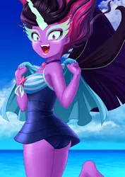 Size: 2894x4093 | Tagged: safe, artist:uotapo, color edit, derpibooru import, edit, editor:drakeyc, sci-twi, twilight sparkle, equestria girls, equestria girls series, friendship games, bare shoulders, barefoot, butt, choker, clothes, colored, cute, fangs, feet, female, glowing horn, horn, jewelry, looking at you, midnight sparkle, midnight sparklebutt, necklace, one-piece swimsuit, open mouth, patreon, sexy, skin color edit, smiling, solo, swimsuit, towel, twibutt