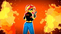 Size: 2560x1440 | Tagged: safe, artist:twilyshimmer, derpibooru import, sunset shimmer, equestria girls, equestria girls series, belt, bunset shimmer, butt, clothes, cutie mark tattoo, desert eagle, female, gun, jeans, pants, solo, sunglasses, tattoo, tramp stamp, wallpaper, weapon