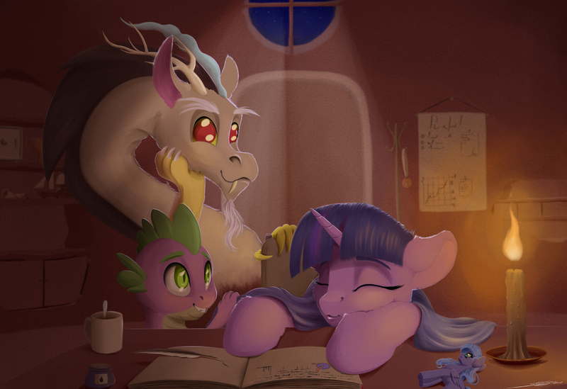 Size: 3500x2400 | Tagged: safe, artist:skitsniga, derpibooru import, discord, princess luna, spike, twilight sparkle, blanket, boat, book, bookshelf, candle, chair, female, lineart, male, plushie, quill, sleeping, trophy