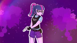 Size: 2560x1440 | Tagged: safe, artist:twilyshimmer, derpibooru import, sci-twi, twilight sparkle, twilight sparkle (alicorn), alicorn, equestria girls, equestria girls series, armor, bulletproof vest, clothes, colt m1911, female, gun, plate carrier, shorts, solo, sunglasses, wallpaper, weapon