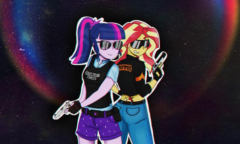 Size: 2225x1335 | Tagged: safe, artist:twilyshimmer, derpibooru import, sci-twi, sunset shimmer, twilight sparkle, equestria girls, equestria girls series, armor, bulletproof vest, clothes, colt m1911, cutie mark tattoo, desert eagle, duo, duo female, female, gun, jeans, pants, plate carrier, shorts, sunglasses, sunlight, tattoo, tramp stamp, wallpaper, weapon