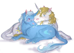 Size: 1800x1300 | Tagged: safe, artist:givolpon, derpibooru import, prince blueblood, trixie, pony, unicorn, bluetrix, female, hoers, leonine tail, male, shipping, straight, unshorn fetlocks