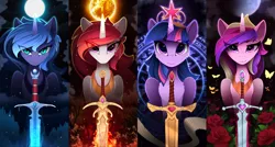 Size: 3500x1875 | Tagged: safe, artist:yakovlev-vad, derpibooru import, princess cadance, princess celestia, princess luna, twilight sparkle, twilight sparkle (alicorn), alicorn, butterfly, pony, art pack:equestrian royalty, alicorn tetrarchy, alicorn triarchy, alternate hair color, armor, ash, big crown thingy, cheek fluff, chest fluff, ear fluff, element of magic, eye clipping through hair, eyebrows visible through hair, fantasy class, female, fire, flaming sword, flower, frown, glare, glowing horn, horn, ice, jewelry, lidded eyes, looking at you, magic, magic circle, mare, moon, night, nightmare luna, peytral, regalia, rose, s1 luna, scroll, sitting, sky, slit eyes, snow, stars, sun, sword, warrior, warrior cadance, warrior celestia, warrior luna, warrior twilight sparkle, weapon