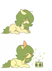 Size: 800x1083 | Tagged: safe, artist:laceymod, derpibooru import, oc, oc:invidia, earth pony, pony, female, mare, plant, prone, radio, sad, solo