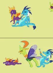 Size: 2268x3150 | Tagged: safe, artist:someguy458, derpibooru import, princess ember, thorax, changedling, changeling, series:rubyandfriends, series:tpaplop, alternate universe, angry, baseball bat, changeling x dragon, digital art, embrax, female, funny, jealous, king thorax, laughing, male, moma ember, pregnant, redraw, shipping, simple background, spyro the dragon, straight