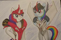 Size: 2758x1813 | Tagged: artist:iffoundreturntorarity, atg 2019, derpibooru import, duo, knockout, newbie artist training grounds, rainbow dash, rarity, safe, semi-anthro, starscream, traditional art, transformers, transformers prime