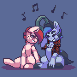 Size: 540x540 | Tagged: safe, artist:stockingshot56, derpibooru import, oc, oc:dbpony, oc:scotch macmanus, unofficial characters only, pony, animated, clothes, draft horse, glasses, headphones, loop, male, music, music notes, pixel art, stallion