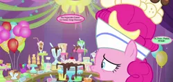 Size: 1088x512 | Tagged: balloon, cropped, derpibooru import, dialogue, edit, edited screencap, food, g3, g3 to g4, generation leap, hat, ice cream, implied minty, melted, oh minty minty minty, pinkie pie, safe, screencap, speech bubble, spoiler:interseason shorts, sundae sundae sundae