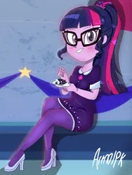 Size: 1800x2400 | Tagged: safe, artist:artmlpk, derpibooru import, sci-twi, twilight sparkle, equestria girls, equestria girls series, twilight under the stars, spoiler:eqg series (season 2), blushing, cake, clothes, cute, food, high heels, legs, looking at you, ponytail, shoes, sitting, smiling, solo, twiabetes
