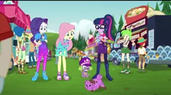 Size: 720x399 | Tagged: safe, derpibooru import, screencap, cherry crash, fluttershy, fry lilac, hunter hedge, laurel jade, lyra heartstrings, princess thunder guts, rarity, sci-twi, spike, spike the regular dog, summer solstice (character), twilight sparkle, wallflower blush, zephyr breeze, dog, equestria girls, equestria girls series, lost and pound, spoiler:choose your own ending (season 2), spoiler:eqg series (season 2), background human, boots, clothes, dress, feet, female, food truck, geode of telekinesis, glasses, legs, magical geodes, mobile phone, moccasins, no socks, offscreen character, pantyhose, phone, plaid skirt, ponytail, sandals, shoes, shorts, skirt, sky, smartphone, sneakers, spike's festival hat