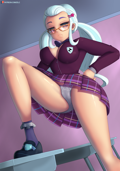 Size: 818x1158 | Tagged: questionable, artist:zelc-face, derpibooru import, sugarcoat, equestria girls, friendship games, absolute cleavage, big breasts, breasts, busty sugarcoat, cameltoe, cleavage, clothes, crystal prep academy uniform, female, flower pattern underwear, glasses, gray underwear, human coloration, legs, looking at you, looking down, looking down at you, miniskirt, one leg raised, panties, patreon, paywalled alternate version, pigtails, plaid skirt, pleated skirt, school uniform, sexy, skirt, skirt lift, solo, solo female, stupid sexy sugarcoat, thighs, twintails, underwear, upskirt, white underwear