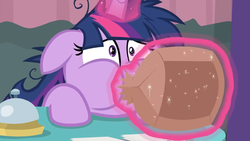 Size: 1280x720 | Tagged: safe, derpibooru import, screencap, twilight sparkle, twilight sparkle (alicorn), alicorn, pony, a trivial pursuit, blowing, female, hyperventilating, magic, mare, paper bag, puffy cheeks, solo, twilighting