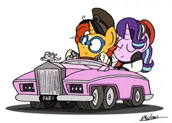 Size: 5015x3594 | Tagged: safe, artist:bobthedalek, derpibooru import, starlight glimmer, sunburst, pony, unicorn, atg 2019, car, clothes, crossover, driving, duo, eyes closed, fab1, female, glasses, hat, male, mare, newbie artist training grounds, simple background, stallion, thunderbirds, white background