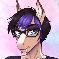 Size: 806x806 | Tagged: safe, artist:askbubblelee, derpibooru import, oc, oc:trots n socks, unofficial characters only, anthro, bat pony, earth pony, anthro oc, bat pony oc, bat wings, clothes, fangs, female, freckles, glasses, mare, ponysona, shirt, wings