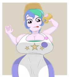 Size: 2500x2800 | Tagged: suggestive, artist:mashoart, derpibooru import, summer solstice (character), equestria girls, equestria girls series, spoiler:eqg series (season 2), apron, big breasts, breasts, busty summer solstice, cap, cleavage, clothes, female, food, hat, high res, huge breasts, low angle, not celestia, sexy, solo, solo female, stupid sexy summer solstice, thick, tongue out, whipped cream, wide hips