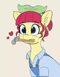 Size: 1547x1975 | Tagged: safe, artist:pabbley, derpibooru import, torque wrench, earth pony, pony, rainbow roadtrip, atorqueable, clothes, cute, female, floating heart, hammer, happy, heart, hooves, mare, mouth hold, solo