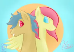 Size: 2480x1754 | Tagged: safe, artist:dumbprincess, artist:wreckno, derpibooru import, oc, earth pony, pegasus, pony, blue background, bust, collaboration, duo, female, looking at each other, portrait, simple background, sunrise