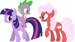 Size: 3584x1993 | Tagged: safe, artist:porygon2z, derpibooru import, spike, twilight sparkle, oc, oc:strawberry fluffcake, dragon, pony, unicorn, dragons riding ponies, riding, simple background, transparent background, unicorn twilight