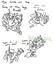 Size: 676x814 | Tagged: safe, artist:jargon scott, derpibooru import, princess celestia, princess luna, alicorn, changeling, pony, broom, buzzing wings, bzzzzz, comic, cute, dialogue, female, flying, holding a changeling, mare, monochrome, neo noir, onomatopoeia, partial color, royal sisters, simple background, white background, wings