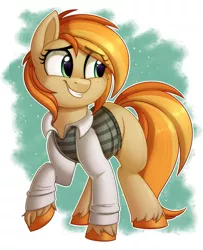 Size: 1215x1498 | Tagged: safe, artist:thegamblehorse, deleted from derpibooru, derpibooru import, oc, oc:parlay, unofficial characters only, earth pony, pony, clothes, female, freckles, mare, simple background, smiling, solo, unshorn fetlocks, vest