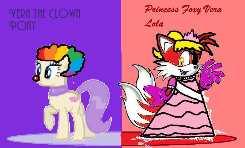 Size: 1000x608 | Tagged: safe, derpibooru import, vera, anthro, earth pony, fox, pony, 1000 hours in ms paint, abstract background, afro, anthro with ponies, best friends, clothes, clown hair, clown nose, clown pony, crossdressing, crossover, dress, five nights at freddy's, foxy, foxy vera, gloves, ponytail, princess crown, princess dress, princess foxy vera lola, prototype lola loud's outfit, sash, sonic the hedgehog (series), sonicified, spa pony, text, vera the clown pony, waving