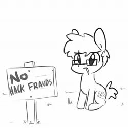 Size: 1152x1152 | Tagged: safe, artist:tjpones, derpibooru import, oc, oc:tjpones, unofficial characters only, earth pony, pony, fuck the police, glasses, grayscale, male, monochrome, mouth hold, pencil, self deprecation, sign, simple background, sitting, solo, stallion, white background