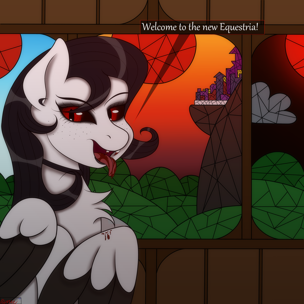 Size: 3000x3000 | Tagged: suggestive, artist:rarityismywaifu, derpibooru import, oc, oc:lamika, unofficial characters only, pegasus, pony, vampire, bad end, black eyeshadow, black lipstick, blood, blood moon, blood on tongue, blood stains, blood trail, canterlot, canterlot castle, choker, dialogue, ear piercing, earring, eternal night, fangs, freckles, glowing eyes, jewelry, lipstick, lore, makeup, moon, mountain, necklace, piercing, red eyes, speech bubble, stained glass, story included, text, vampirism, window