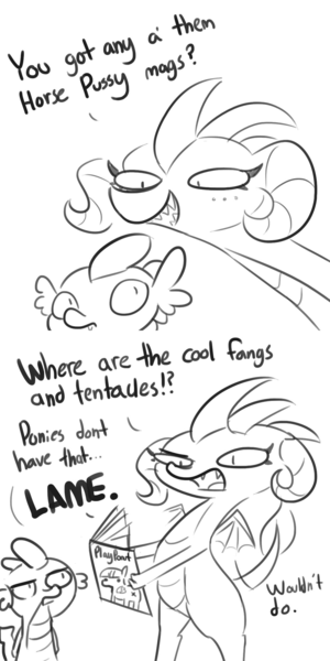 Size: 1152x2304 | Tagged: suggestive, artist:tjpones, derpibooru import, princess ember, spike, dragon, anus, comic, dialogue, disappointed, dragoness, duo, female, grayscale, horse pussy, male, monochrome, nudity, ponut, porn magazine, reality ensues, sharp teeth, simple background, simplistic anus, teeth, white background