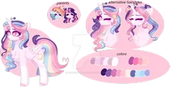 Size: 1024x567 | Tagged: safe, artist:moon-rose-rosie, derpibooru import, rainbow dash, twilight sparkle, twilight sparkle (alicorn), oc, oc:celestial moon, alicorn, pegasus, pony, alicorn oc, deviantart watermark, horn, obtrusive watermark, offspring, one eye closed, parent:rainbow blitz, parent:rainbow dash, parent:twilight sparkle, parents:twiblitz, rainbow blitz, reference sheet, rule 63, watermark, wings