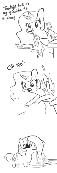 Size: 1152x3456 | Tagged: safe, artist:tjpones, derpibooru import, princess celestia, twilight sparkle, alicorn, pony, unicorn, accident, chair, comic, dialogue, female, food, grayscale, hoof hold, mare, monochrome, oh no, quesadilla, simple background, sitting, they're just so cheesy, this will end in turophobia, twiggie, unicorn twilight, white background