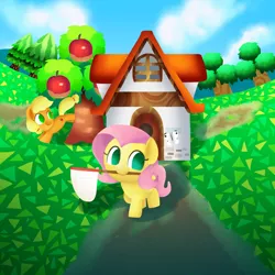 Size: 2000x2000 | Tagged: safe, artist:andromedasparkz, derpibooru import, applejack, fluttershy, butterfly, earth pony, pegasus, pony, animal crossing, apple, apple tree, cloud, crossover, female, house, mailbox, mare, net, newbie artist training grounds, sky, tree