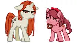 Size: 960x540 | Tagged: safe, artist:karashim, derpibooru import, ponified, earth pony, pony, donut, duo, female, filly, floppy ears, food, hair scrunchie, happy, idolmaster, mare, mouth hold, noriko shiina, simple background, tokiko zaizen, unamused, white background