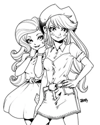 Size: 715x900 | Tagged: safe, artist:babtyu, derpibooru import, applejack, rarity, equestria girls, black and white, cute, duo, female, grayscale, hand on hip, jackabetes, lineart, monochrome, raribetes, simple background, white background