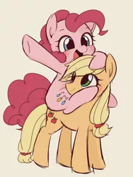 Size: 972x1293 | Tagged: safe, artist:manachaaaaaaaa, derpibooru import, applejack, pinkie pie, earth pony, pony, cute, diapinkes, duo, female, jackabetes, mare, open mouth, ponies riding ponies, riding, simple background, smiling