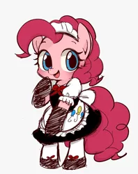 Size: 933x1179 | Tagged: safe, artist:manachaaaaaaaa, derpibooru import, pinkie pie, earth pony, pony, bipedal, clothes, cute, diapinkes, female, looking at you, maid, mare, open mouth, pixiv, simple background, smiling, solo, white background