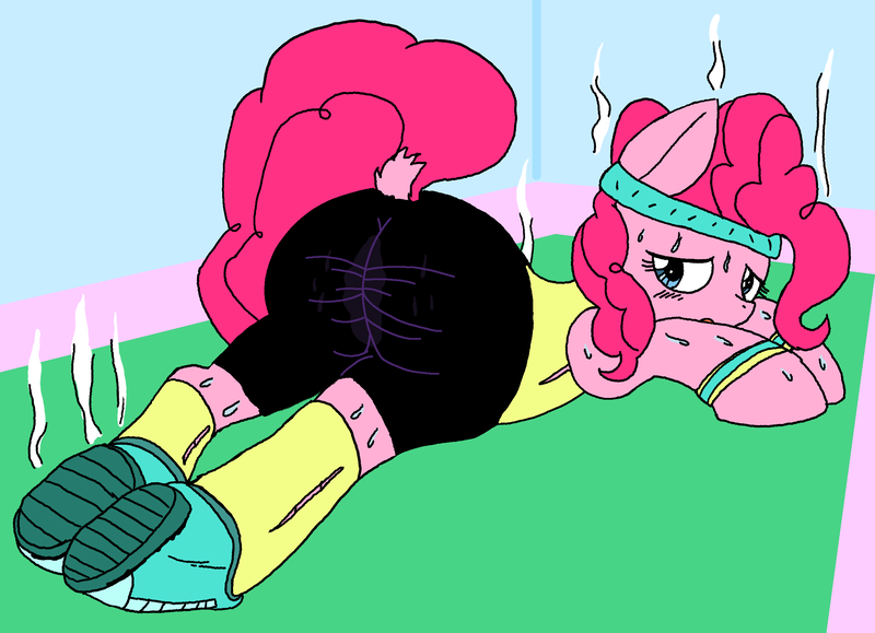 Size: 2331x1688 | Tagged: artist needed, suggestive, derpibooru import, pinkie pie, pony, balloonbutt, blushing, butt, clothes, colored, excessive sweat, odor, pants, plot, ripping clothes, shoes, shorts, smelly, sneakers, solo, sweat, the ass was fat, tight clothing, tired, wedgie, workout outfit